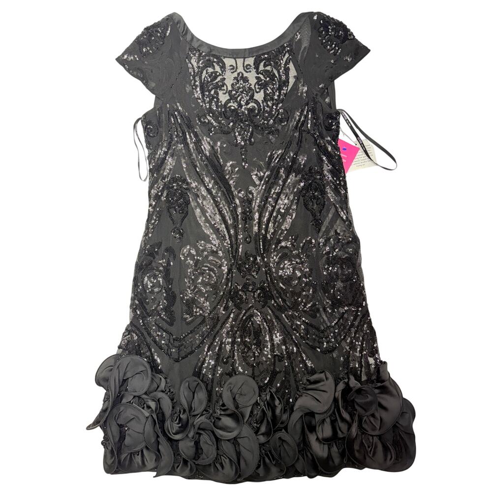 GUESS Black Sequin Mesh Mini Dress Size 6 3D Floral Ruffle Hem Cocktail Party